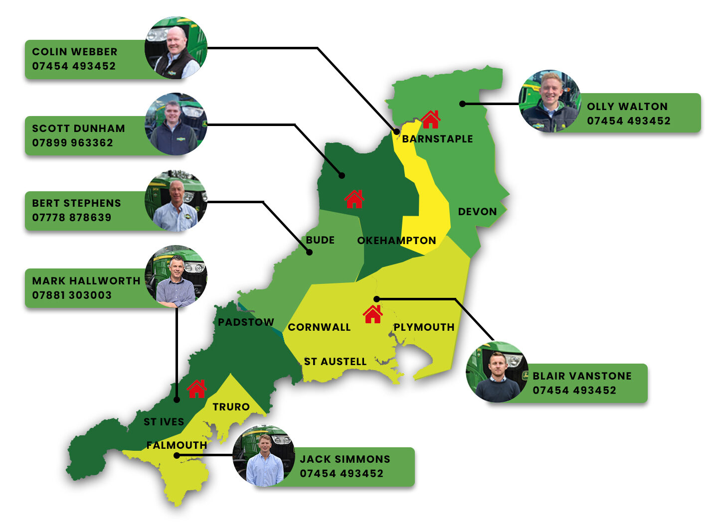 Map showing Smallridge salesmen with their sales areas and contact numbers.