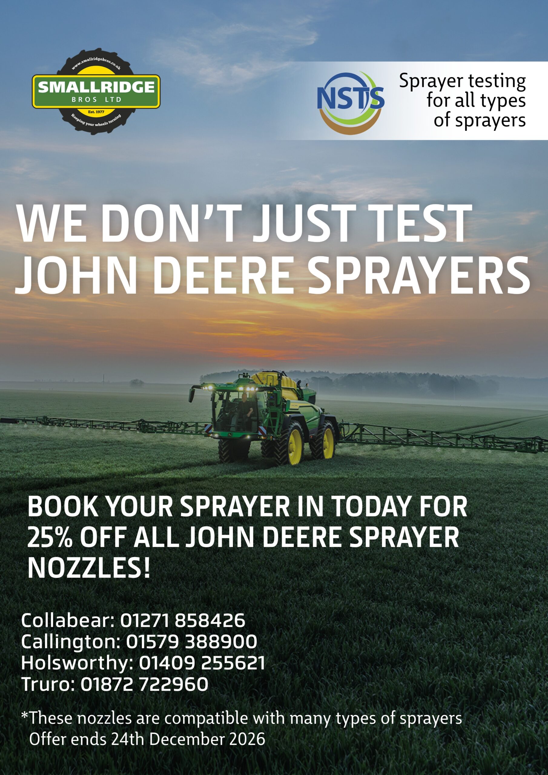 Smallridge Bros NSTS sprayer testing advert for Cornwall and Devon, offering 25% off John Deere sprayer nozzles.